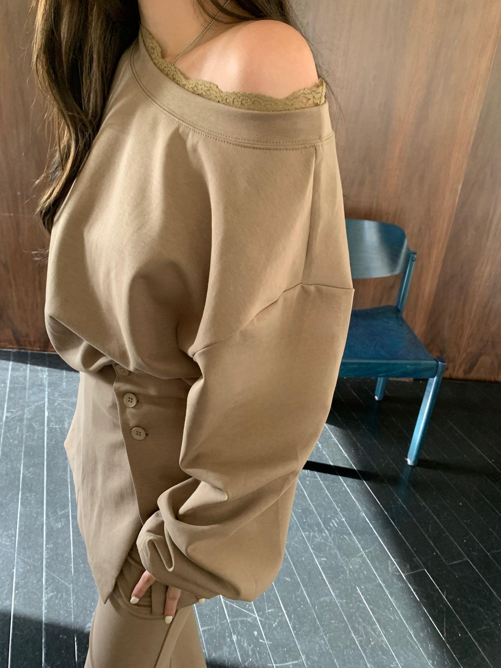 蕾絲斜肩上衣套裝(附屁簾)